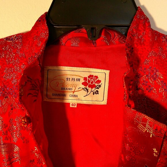 PEONY Brand Red Japanese Garden Print Long Kimono Duster 40 Large Silky Dramatic - Picture 2 of 6